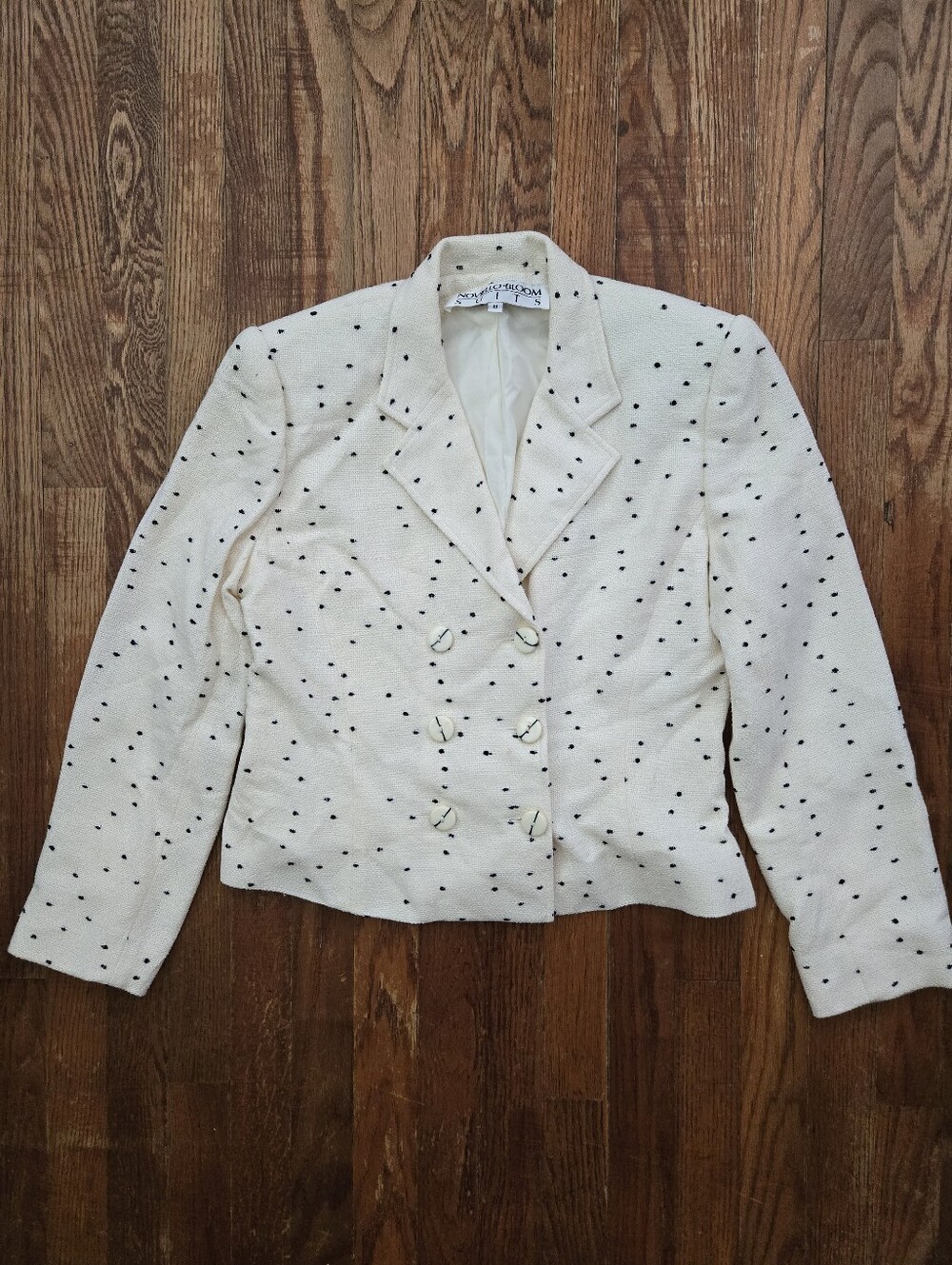 Vintage Tweed Double Breasted Blazer Size 8 Cream Dalmation Dots Lined USA
